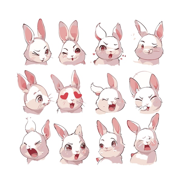 ベクトル さまざまなポーズや表情のかわいい白ウサギの twitch エモート キャラクター デザイン リファレンス