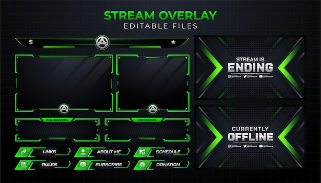 Vector twitch gaming streaming panel overlay green design template