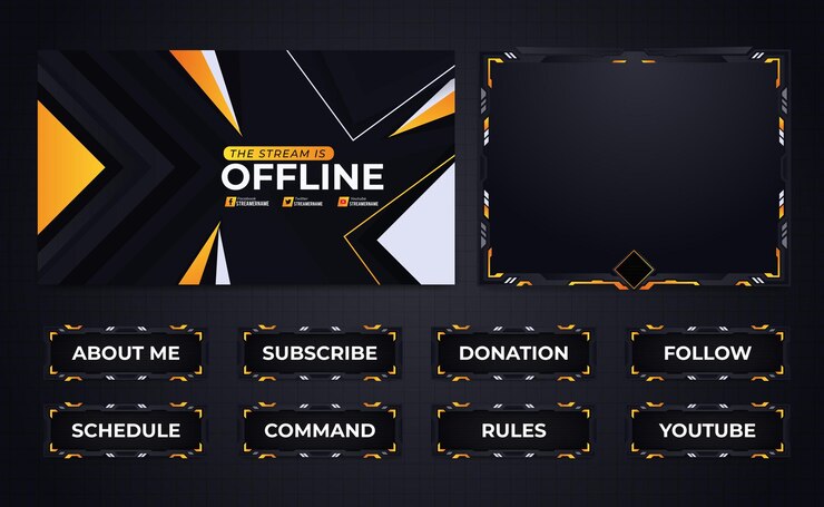 Vector twitch stream overlay banner and panels sets for streaming online