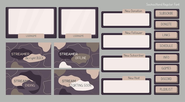 オンライン用の紫と茶色のUI背景の画面パネルボタン要素を使用したTwitchストリームオーバーレイ