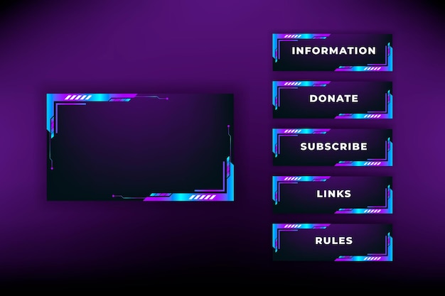 Twitch stream panels collection. Streaming screen panel overlay game design template