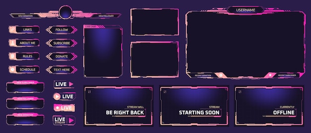 Vector twitch streaming interface stream overlay schermen toekomstig thema neon design online game live cameraframe digitaal facecam-paneel voor cybergamers en streamers vectorillustratie van paneel om te streamen