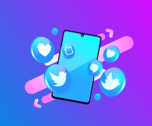 Twitter 3d social media iconen met smartphone-symbool