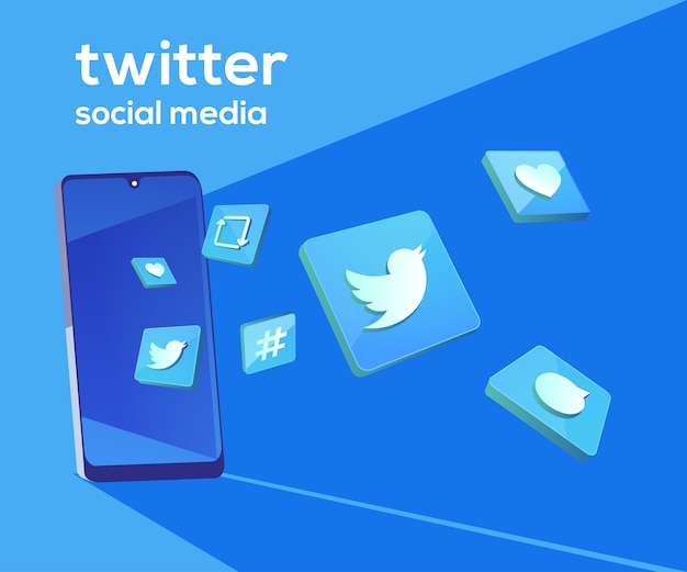 twitter 3d social media icons with smartphone symbol
