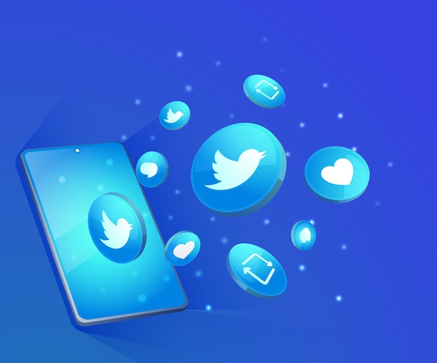 twitter 3d social media icons with smartphone symbol
