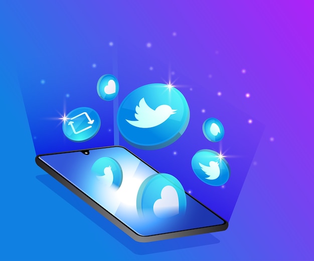 Twitter 3d social media icons with smartphone symbol