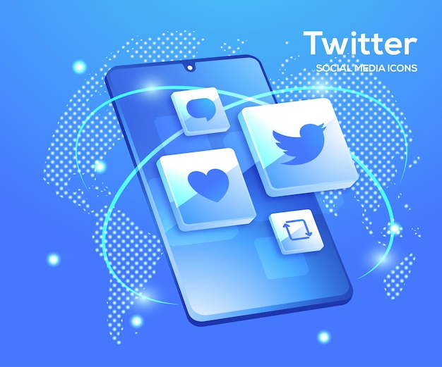 Twitter 3d social media icons with smartphone symbol