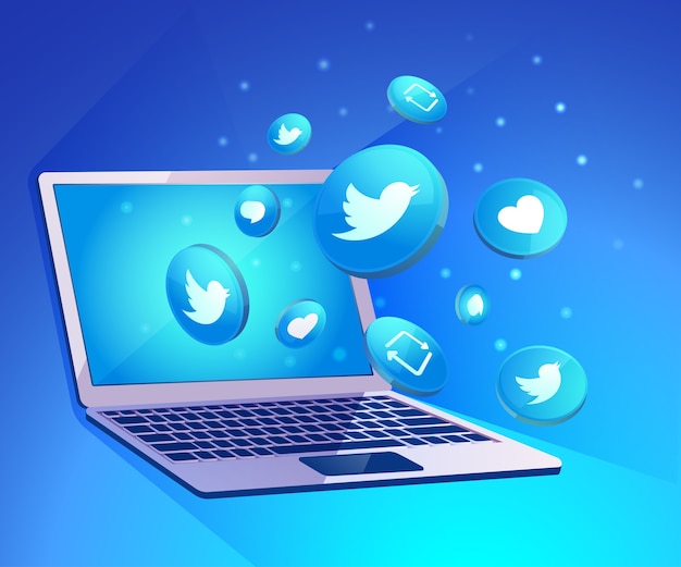 Twitter 3d sociale mediapictogram met laptop dekstop