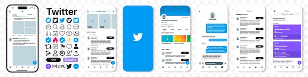 Twitter app template iphone with twitter mockup twitter icons and template screen frame with shadow set of twitter social media template