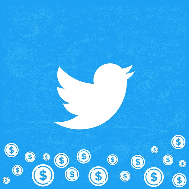 Vettore twitter e simboli del dollaro con sfondo blu twitter e denaro