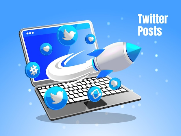 Twitter icon with laptop and rocket