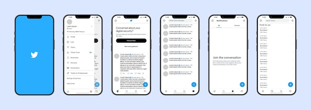 Twitter mobile interface Twitter screen social media social network interface template Homepage logo bird notofications search trends Template of iphone 14 Editorial illustration