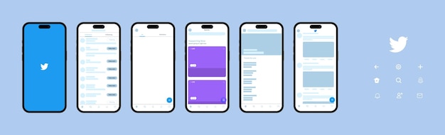Макет Twitter Сообщение в социальных сетях Макет Twitter Экран приложения шаблона интерфейса социальной сети Установите экран Twitter в социальных сетях и шаблон интерфейса социальной сети Twitter фоторамка