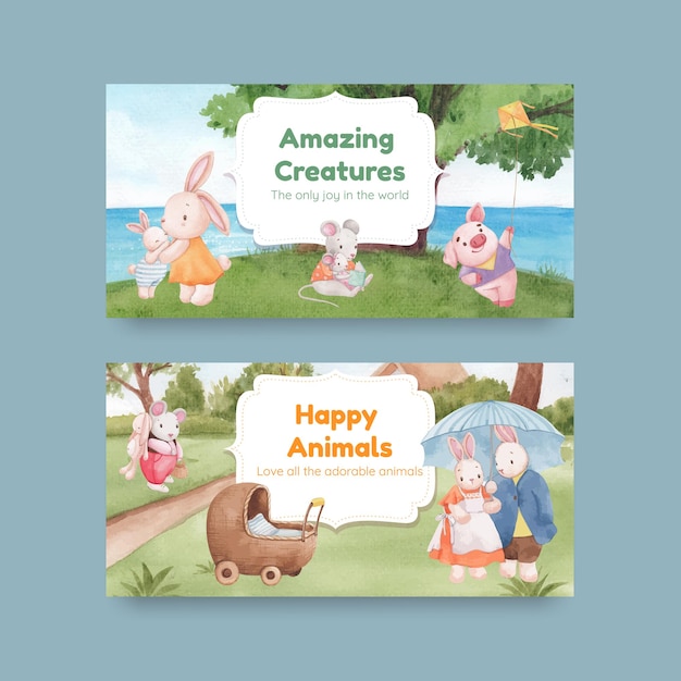 twitter template with adorable animals concept,watercolor style