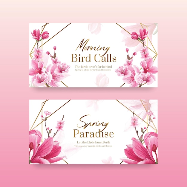 Twitter template with blossom bird concept design watercolor illustration