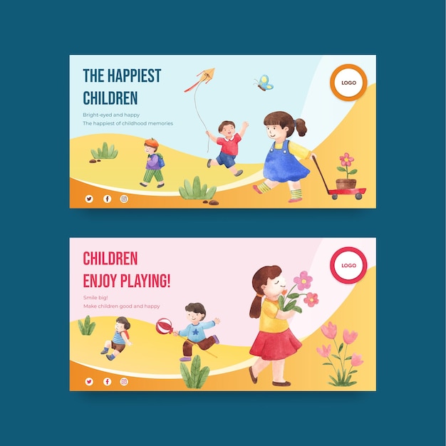 Vector twitter template with happy children concept,watercolor style