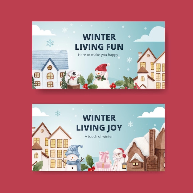 Twitter template with winter living concept,watercolor style