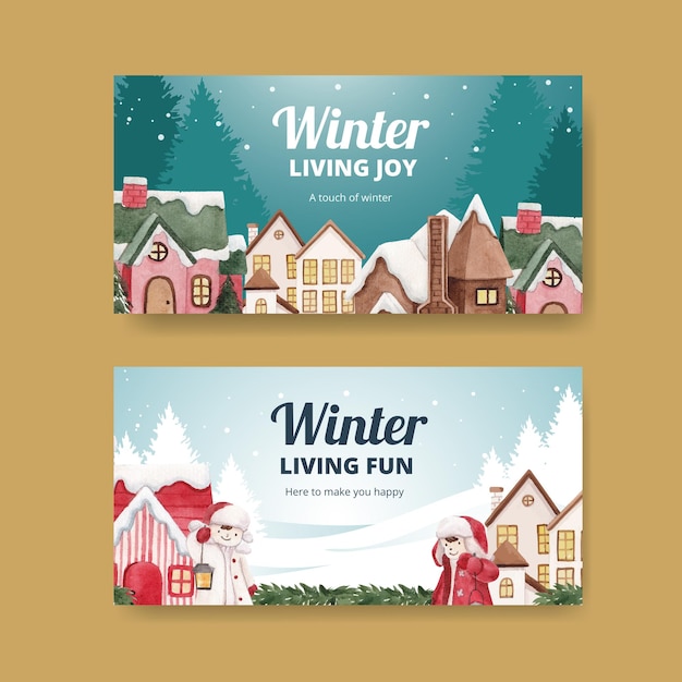 Twitter template with winter living concept,watercolor style