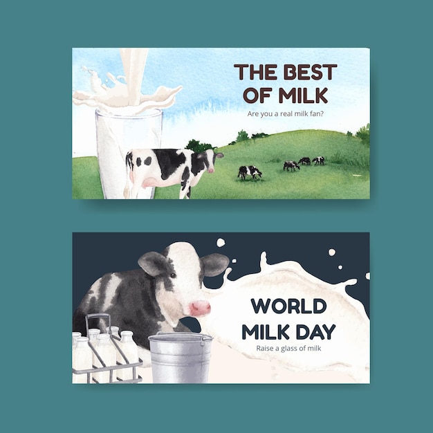 Twitter template with world milk day concept,watercolor style