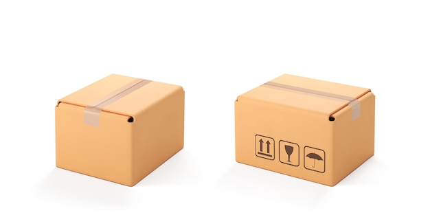 Two 3D cardboard closed box isolated on white background Render delivery cargo box Cartoon style cardboard box or delivery package 3d realistic vector