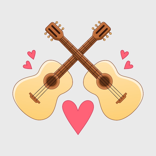 Two acoustic guitars with hearts on a gray background. Print. Vector illustration.