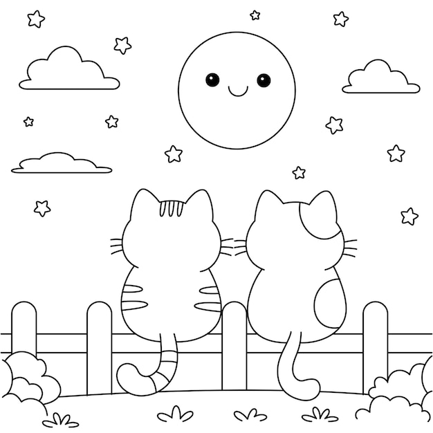 2匹の可愛い猫が月と星空をじっと見つめている