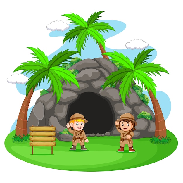 Two adventurer in front of cave