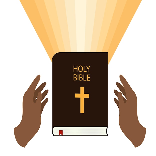 Two african american hand protect holy bible. lights from bible. reading book. studying religion. ve