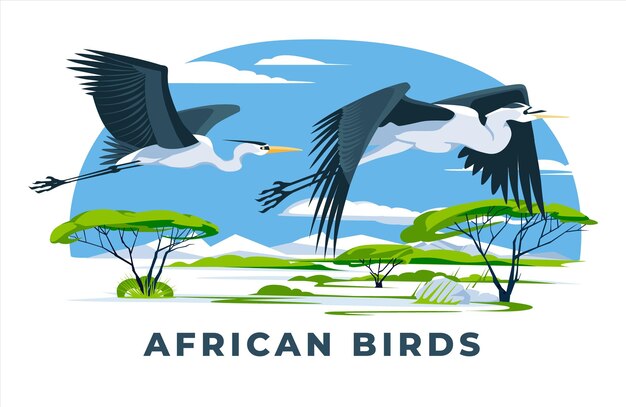 벡터 사바나 풍경을 통해 비행 두 아프리카 왜가리 아프리카 야생 동물 이국적인 새 벡터 평면 그림
