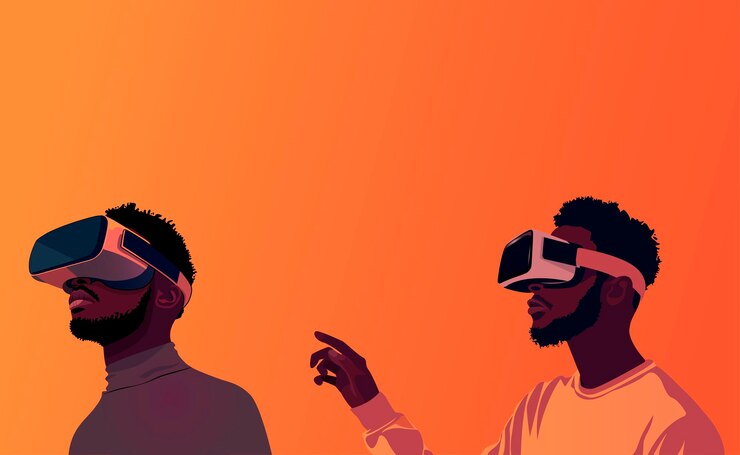 Vector two africanamerican men wearing virtual reality glasses vr technology