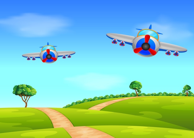 two air plane flying over field