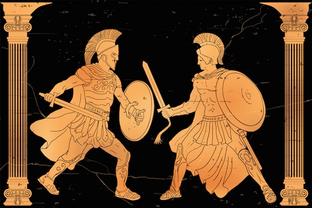 ベクトル 剣と盾を手にした2人の古代ギリシャの戦士。