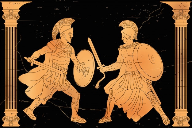 Vettore due antichi guerrieri greci con una spada e uno scudo in mano in battaglia.