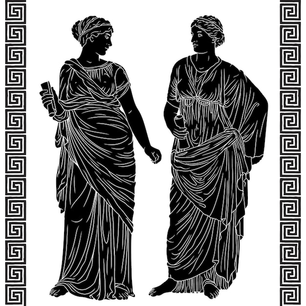 two ancient greek women in a tunic stands and holds a papyrus scroll