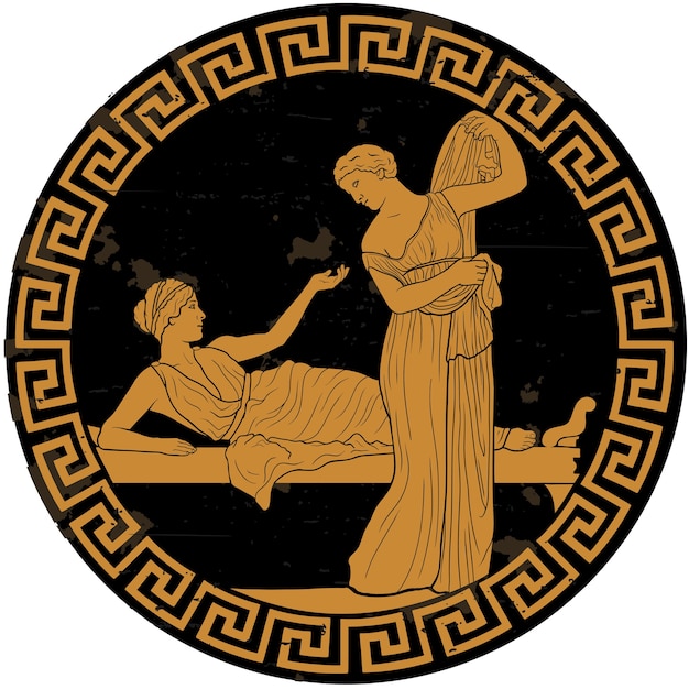 Vector two ancient greek young women in the bedroom are in dialogue. ancient painting.