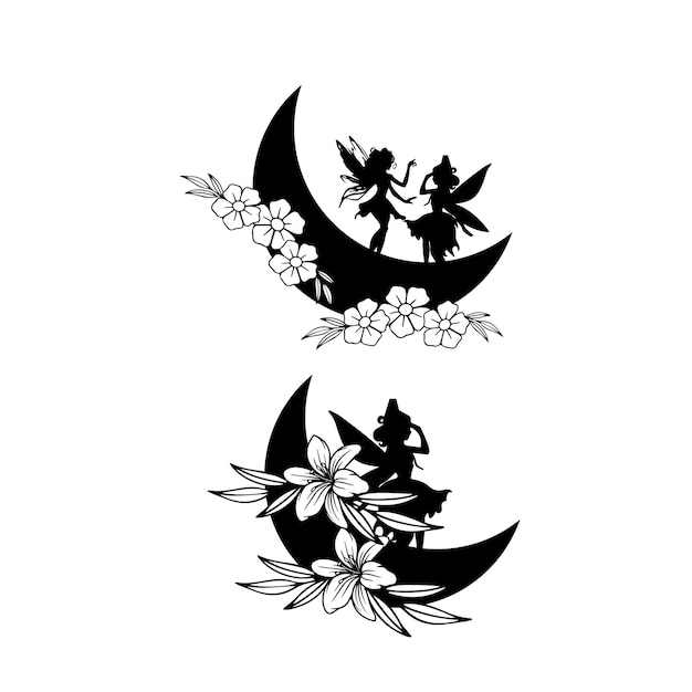 Vector two angels on a moon with flowers