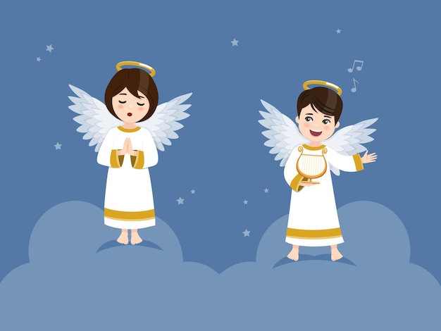 Two angels playing the harp and praying in the sky with stars. 