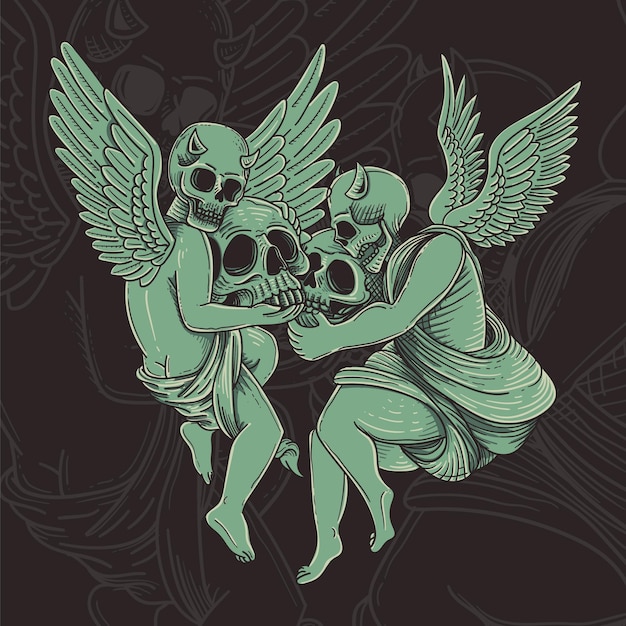 Two angels with skulls on a dark background.