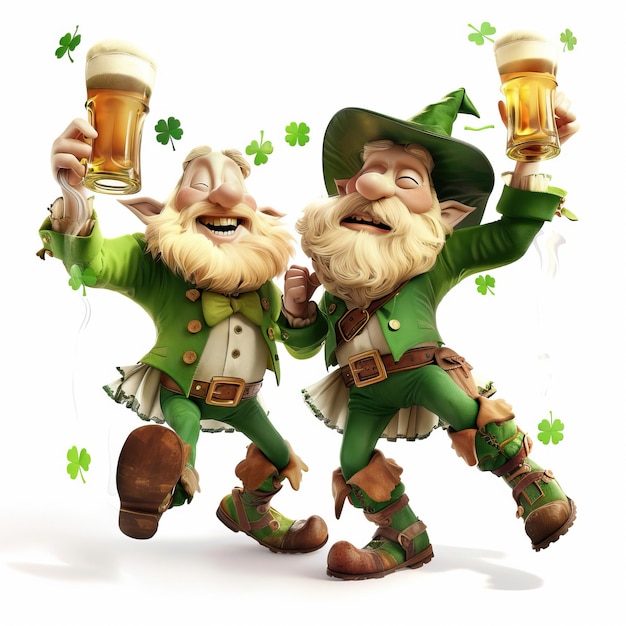 Vector two animated leprechauns clashing glasses of beer togethe