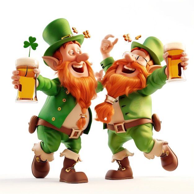 Vector two animated leprechauns clashing glasses of beer togethe