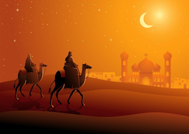 Two Arab men riding camels in the desert night landscape for ramadan and islamic theme