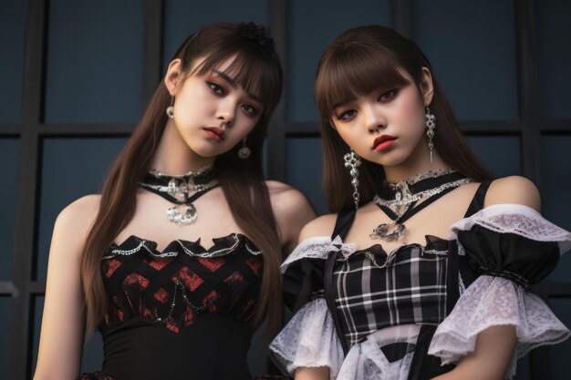 two asian women dressed in gothic clothing standing next to each other