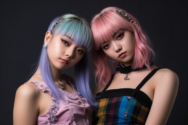 two asian women with pink and blue hair