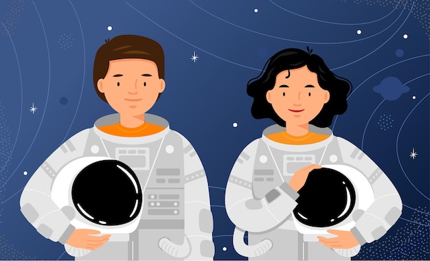 Вектор Два космонавта стоят на фоне звездного неба портрет космонавтов мужчины и женщины