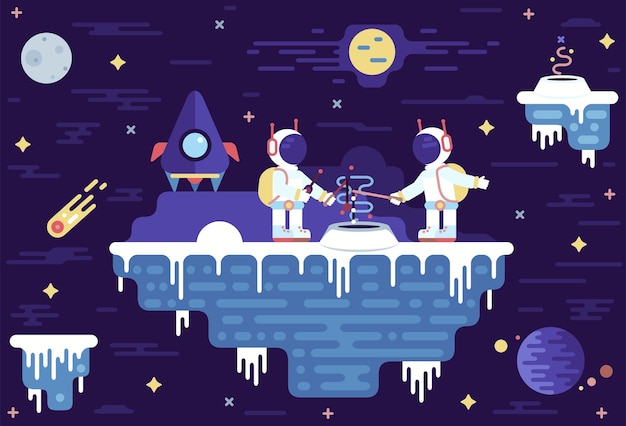 Two astronauts explore a meteorite game design illustration