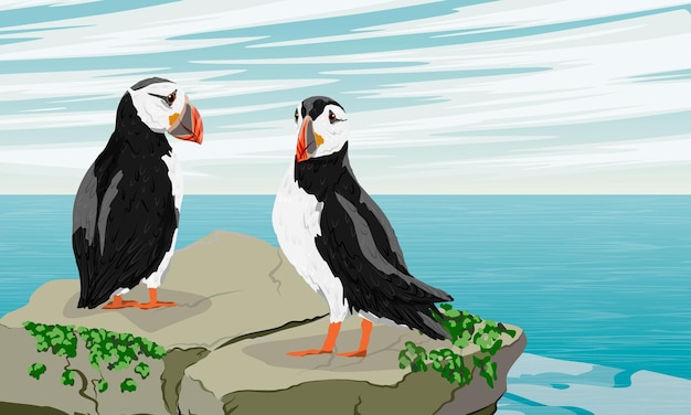 Vector two atlantic puffins on a rock above the ocean. scandinavian bird fratercula arctica