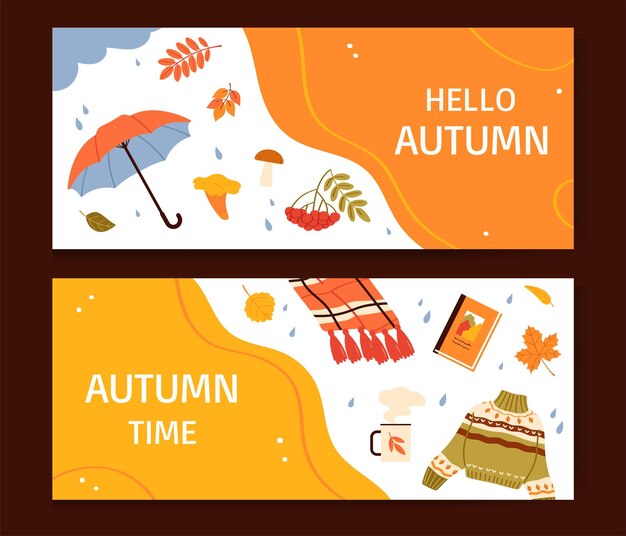 Vector two autumn horizontal banners fall season flyerspresentationsposterinvitation flat vector illustration