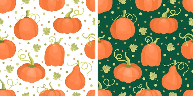 Two autumn seamless patterns with pumpkins on white and green backgrounds