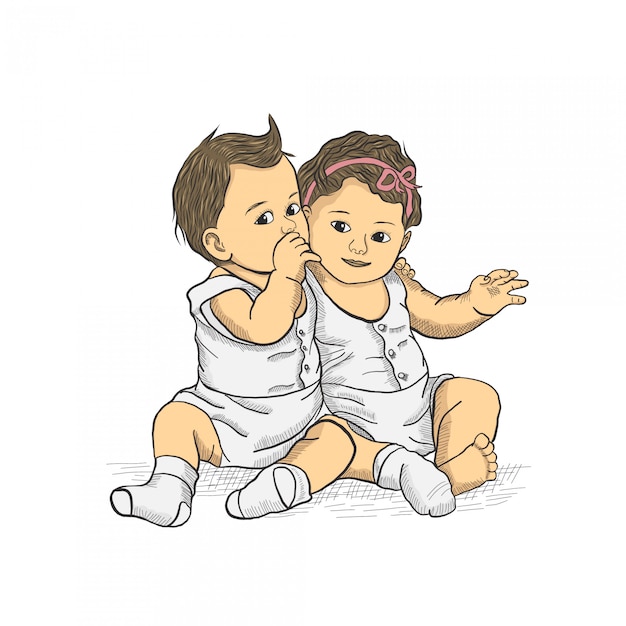 Vector two baby sitting hand drawing