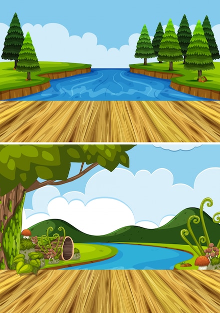 two background scenes with river and trees
